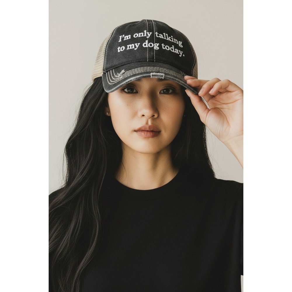 Dog Lover Distressed Trucker Hat Washed Black Tan Mesh Snapback Baseball Cap